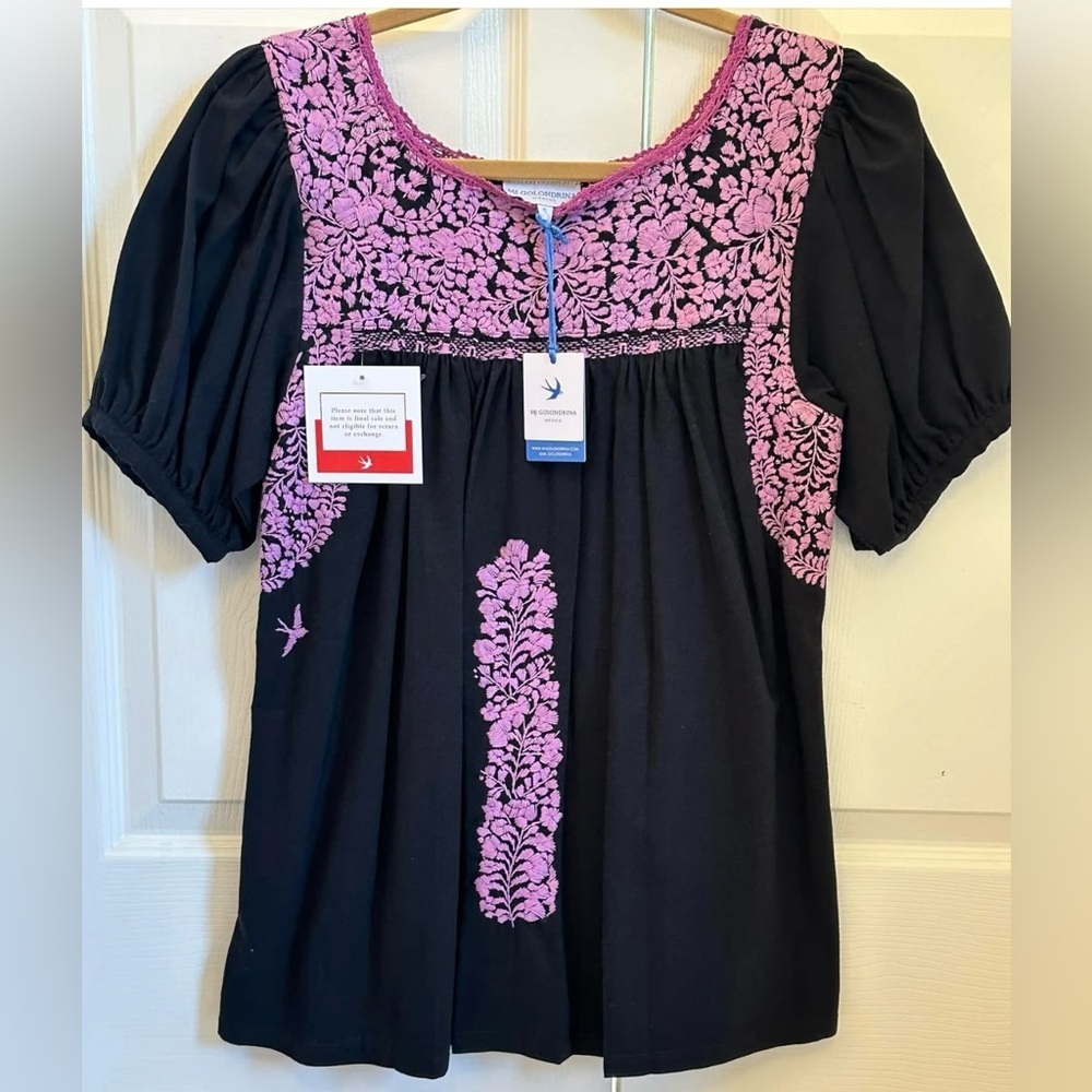 NWT Mi Golondrina Black top with purple embroidery size small